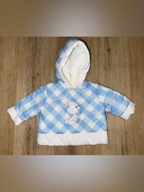 Vintage Quiltex Baby Blue White Gingham Hooded Pullover 6 Mos Teddy Bear